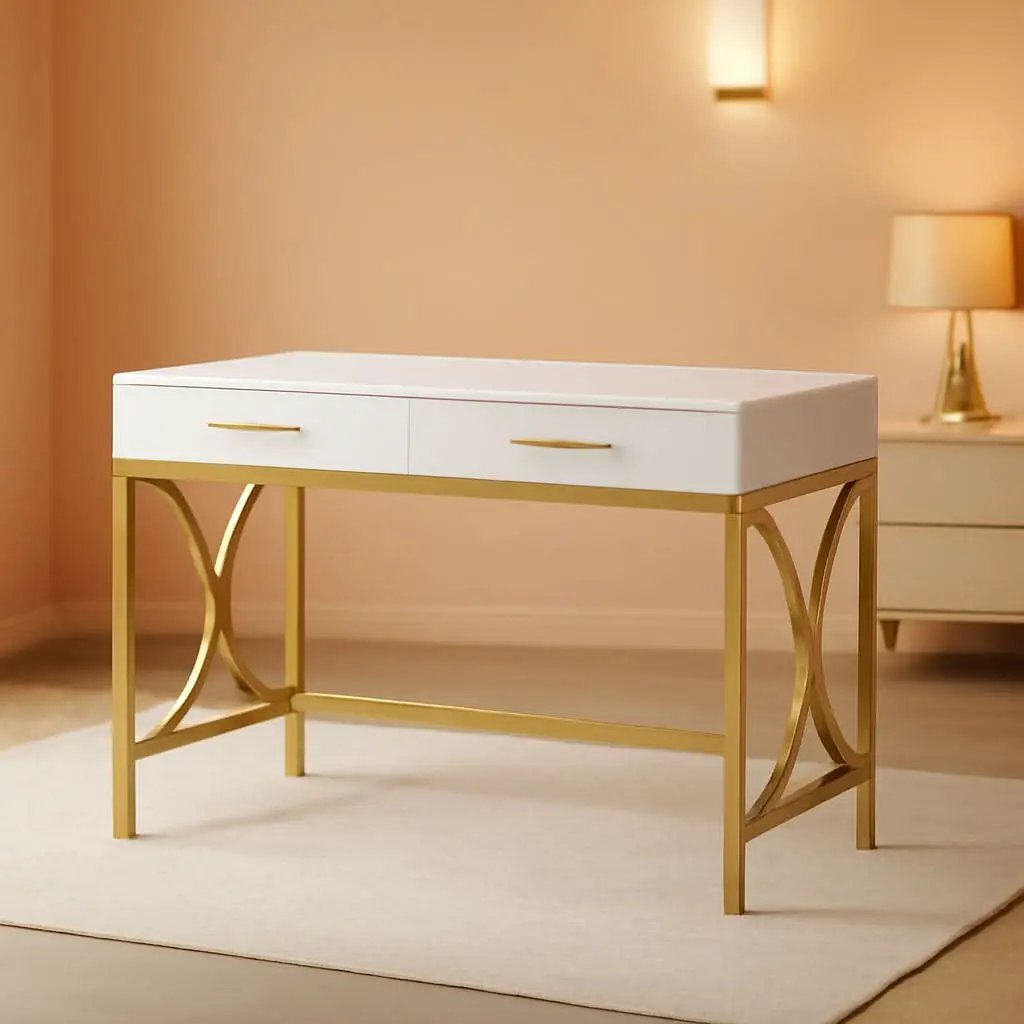 41 Inch White And Gold Computer Desk With 2 Drawers from PriceLows™