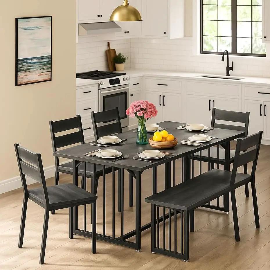 63 Inch Dark Grey Rectangular Dining Table Set Farmhouse from PriceLows™