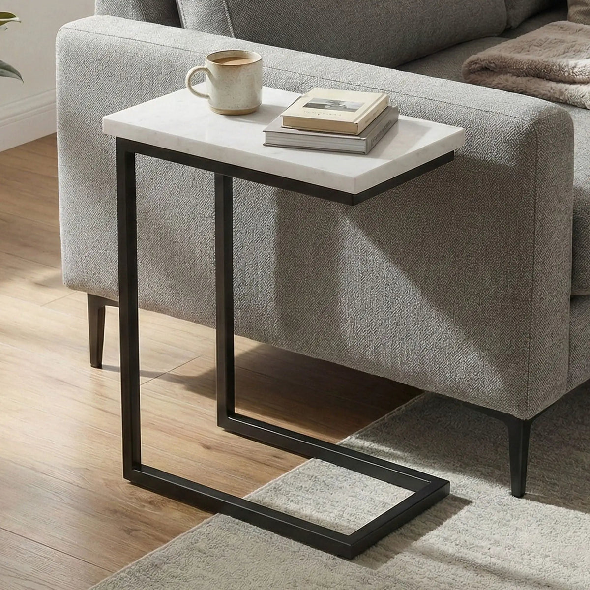 Skyler C-Shaped Side Table | Handcrafted | Powder-Coated Metal Base | Slide-Under Design