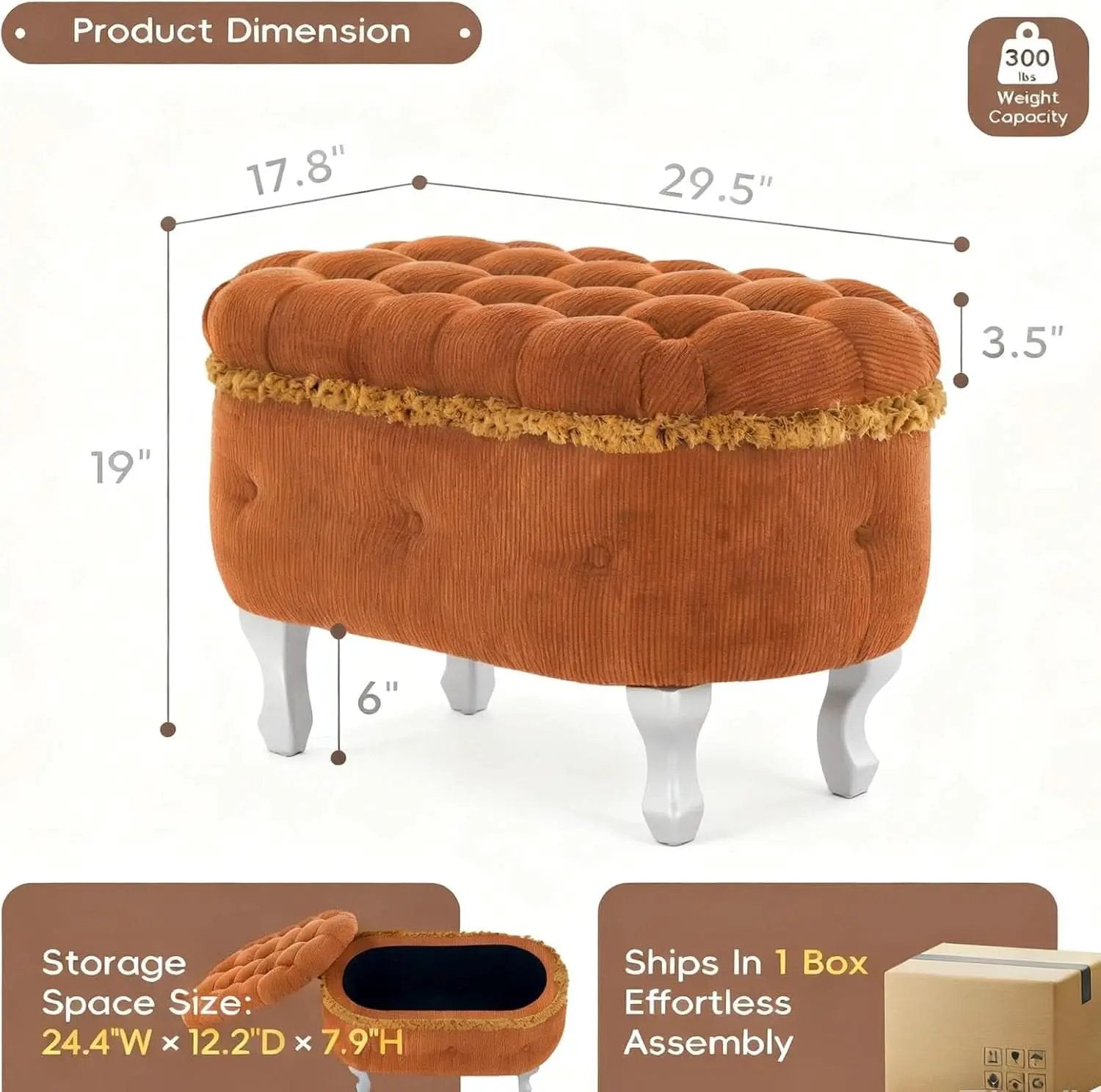 Orange Upholstered Storage Ottoman for Living Room from PriceLows™