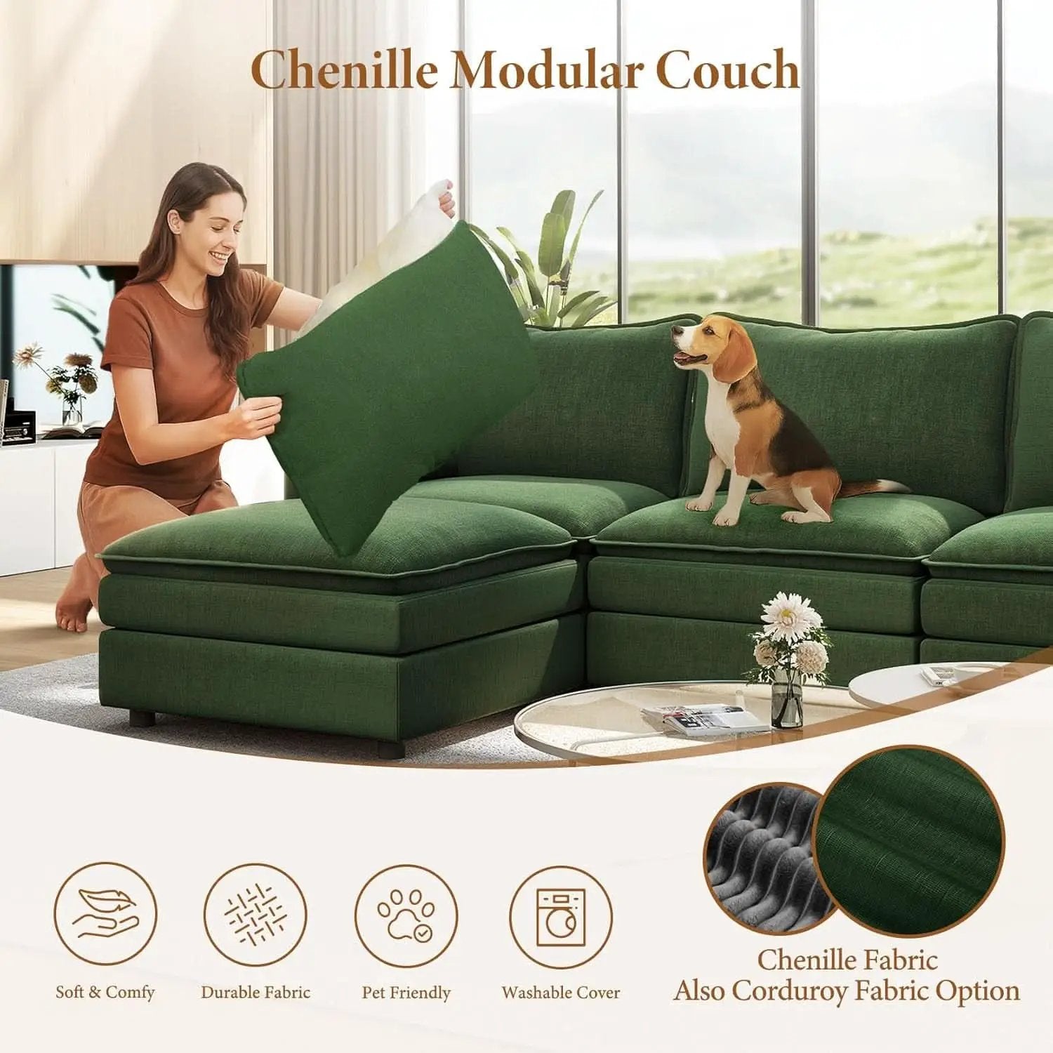 Green 108 Inch DeluxePlus Cloud Sleeper Sectional Sofa from PriceLows™