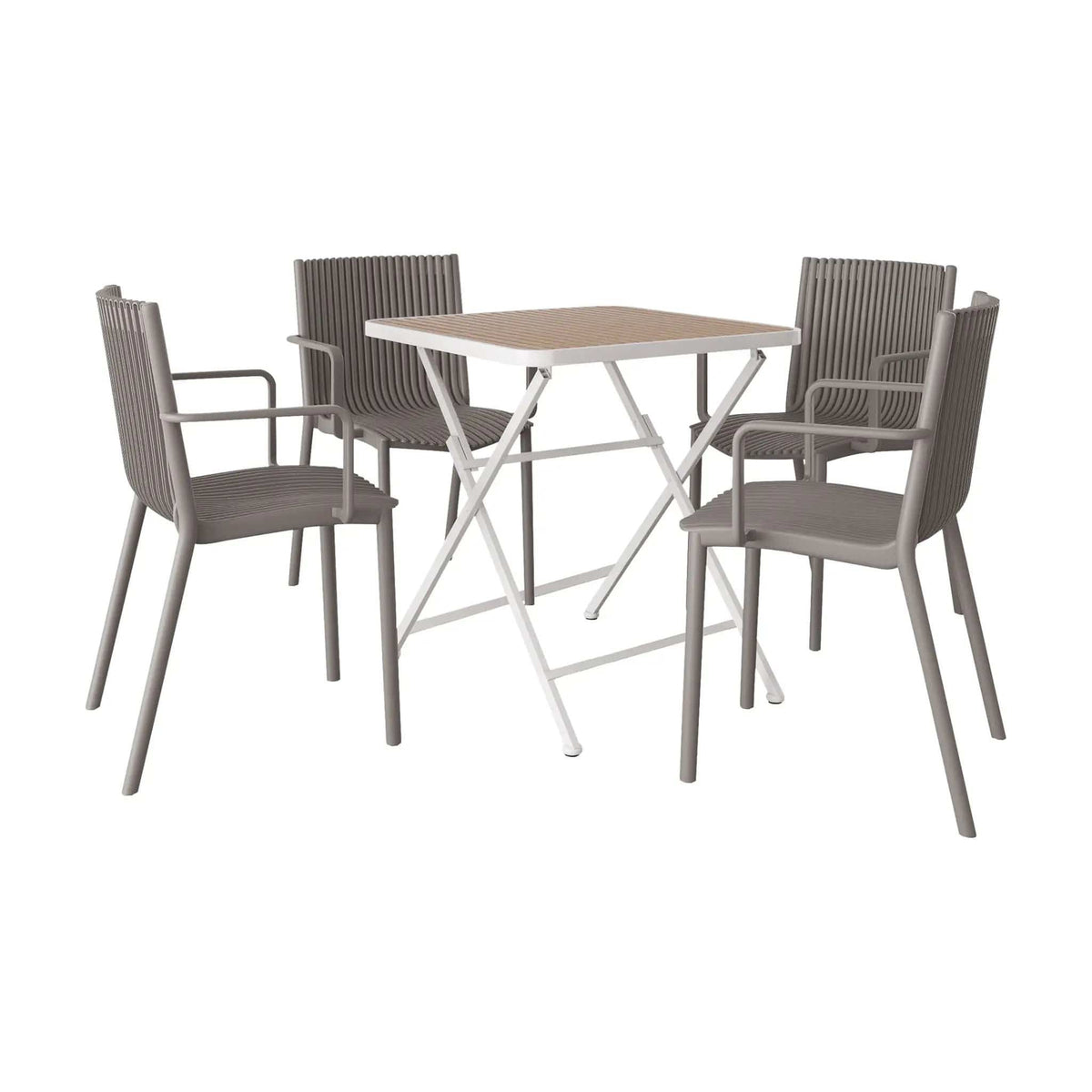 4 Modern Stackable Plastic Armchair Matched With Folding Square Table 5 Piece | 5 Piece Outdoor Set | Metal | Outdoor Living
