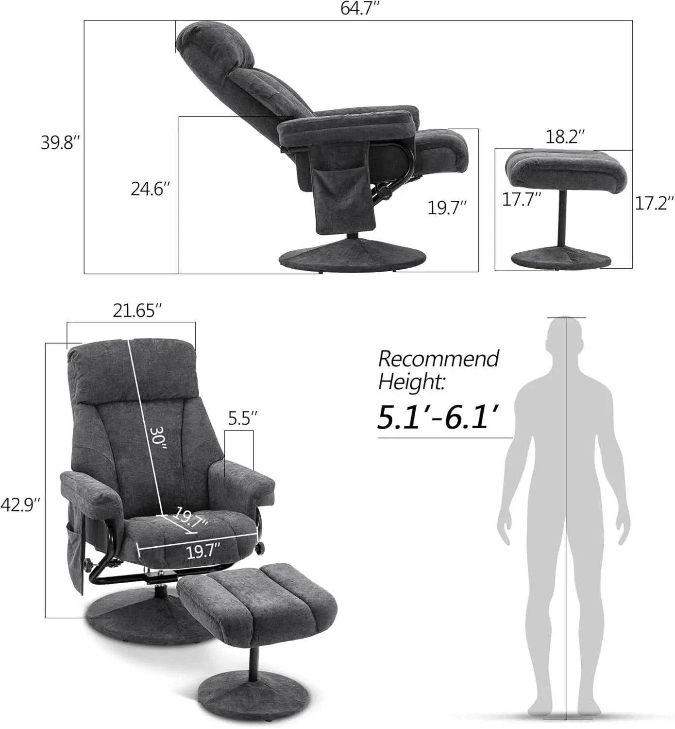 Dark Grey Swivel Recliner With Ottoman Vibration Massage from PriceLows™