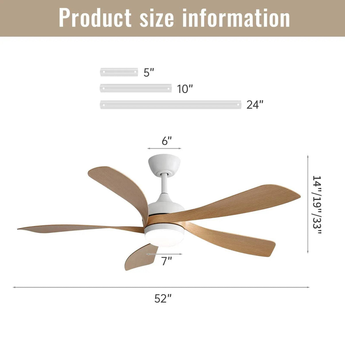 Ceiling Fan & DC Motor And Integrated Light | 3 Pieces | Wood | Home