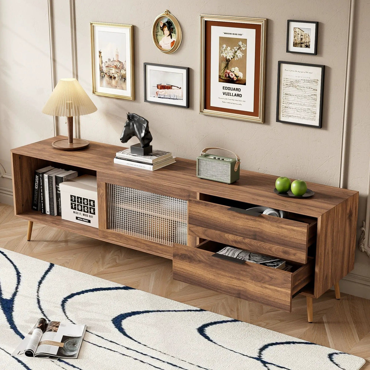 Walnut TV Stand | Media Console | 2 Doors 2 Drawers | Solid Wood Legs