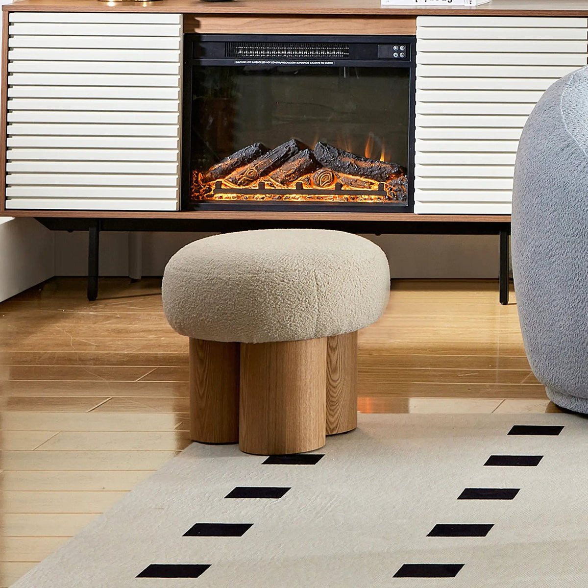 Mushroom Stool With Cushion | Greige Cushion | Wooden Barrel Base | 15.75 Inch Height