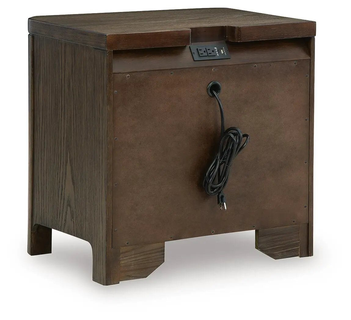 Radkin Two Drawer Nightstand | Charging | Burnished Brown | Lined Top Drawer