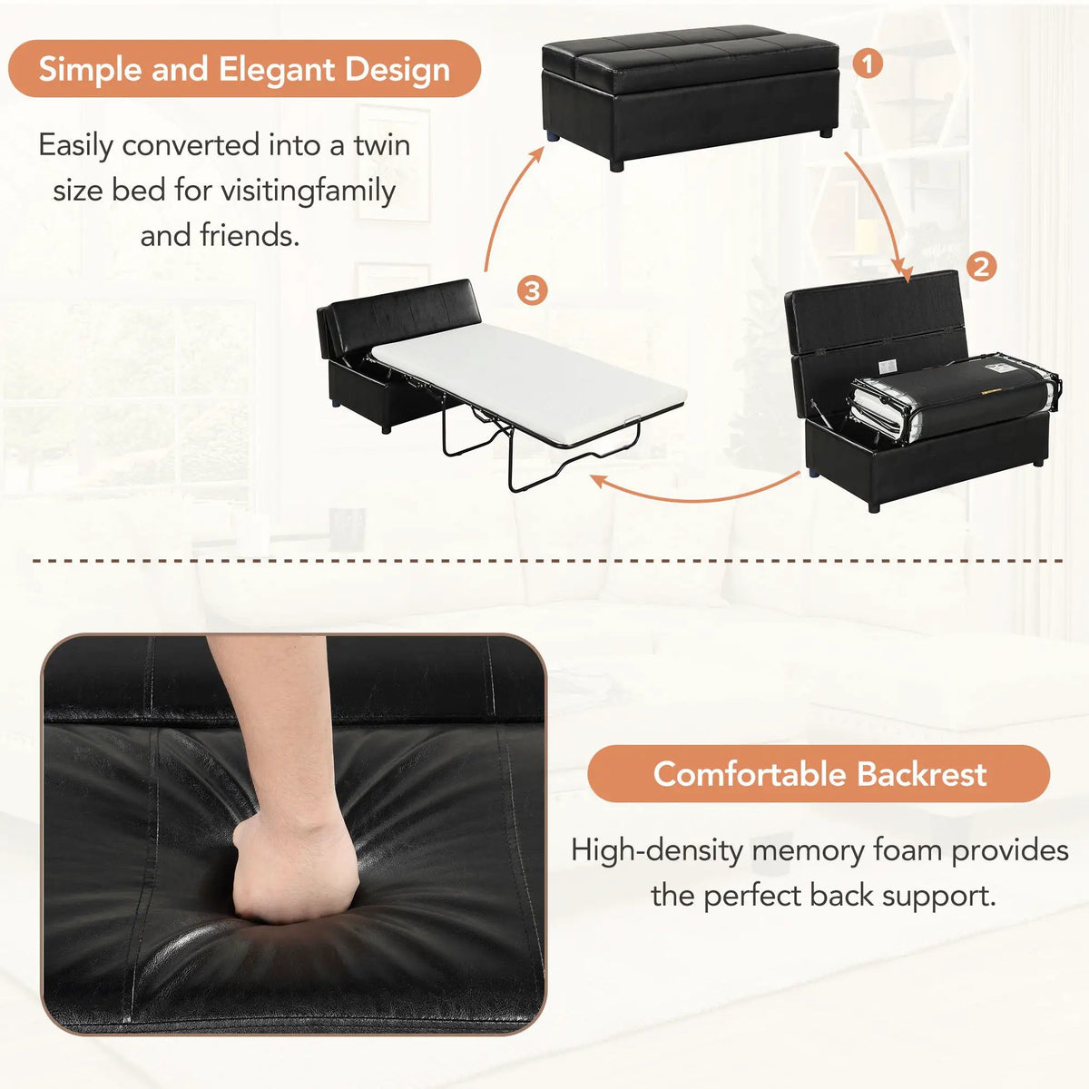 Twin Size Folding Ottoman Sleeper Bed | Includes Mattress | Convertible Guest Bed | High-Density Foam