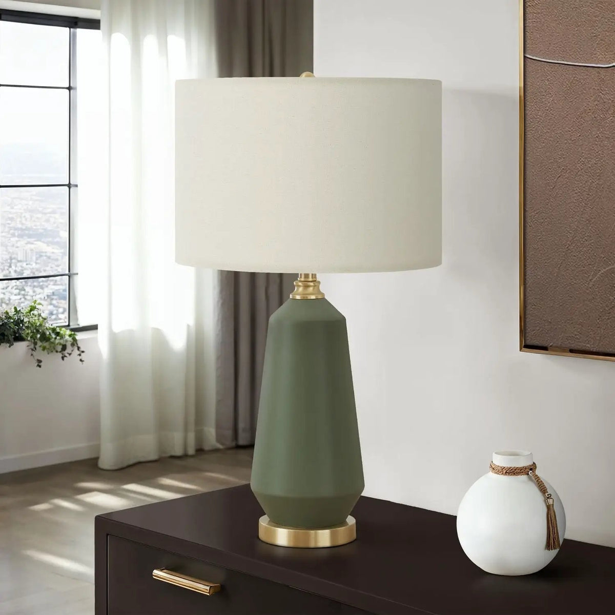 Green Ceramic Table Lamp | Ivory Linen Drum Shade | 26 Inch Height | Gold Accents