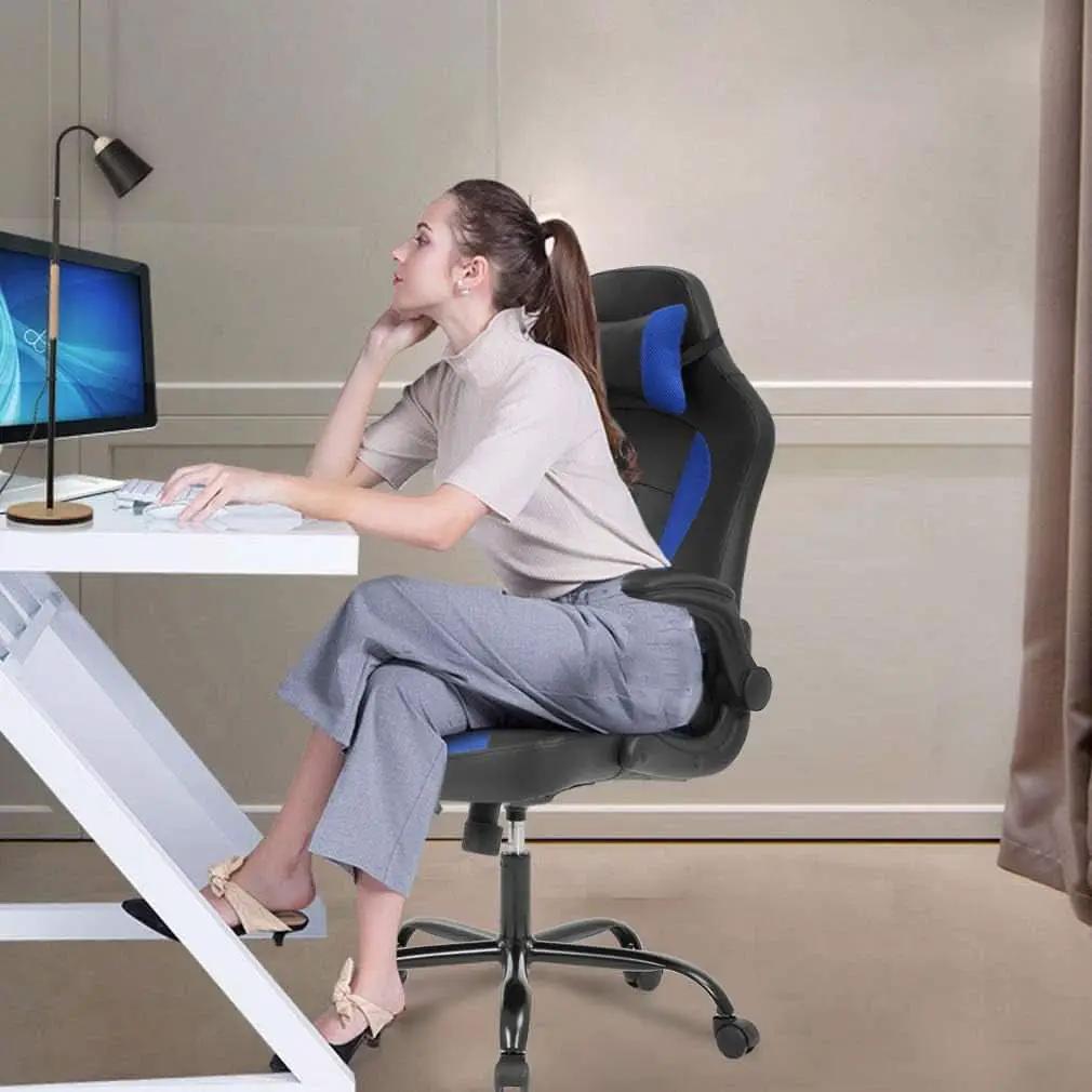 Blue PU Leather Ergonomic Gaming Chair With Lumbar Support from PriceLows™