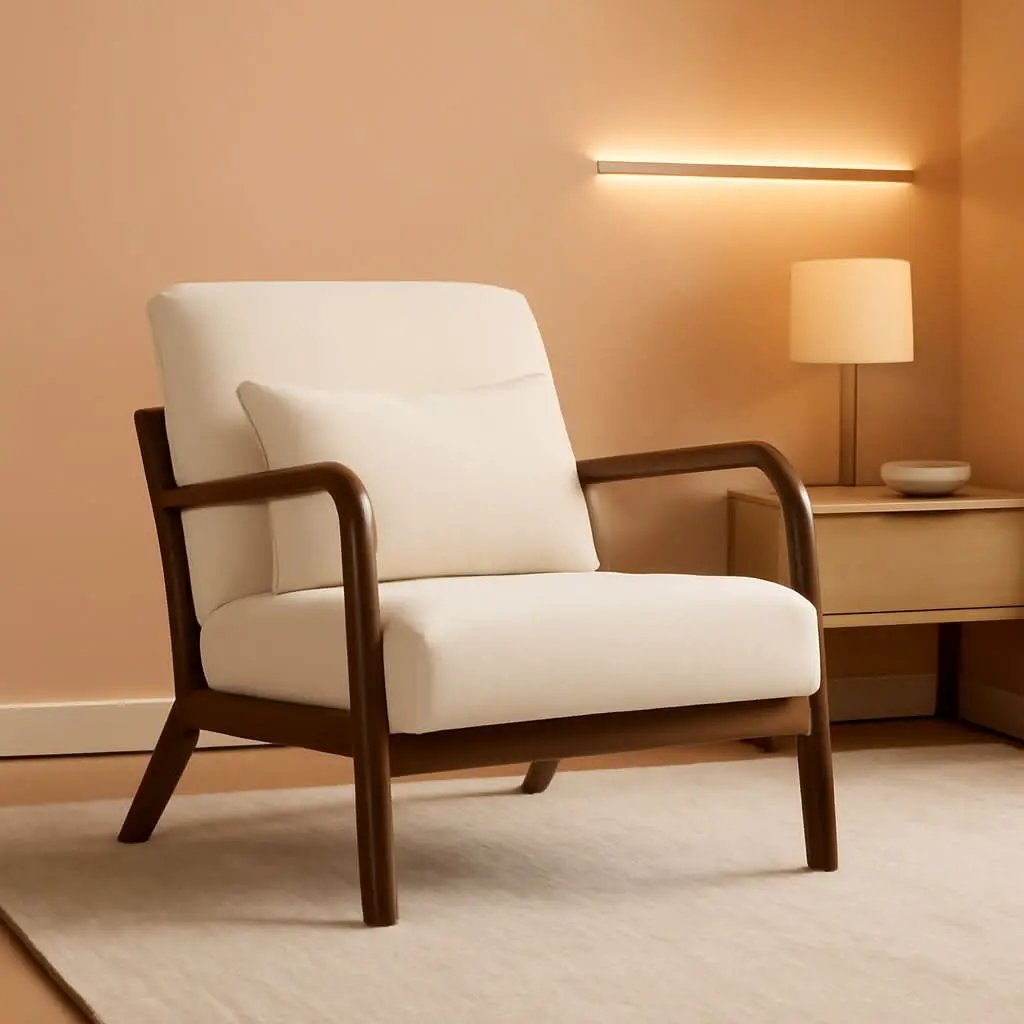 White Linen Upholstered Armchair With Premium Wood from PriceLows™