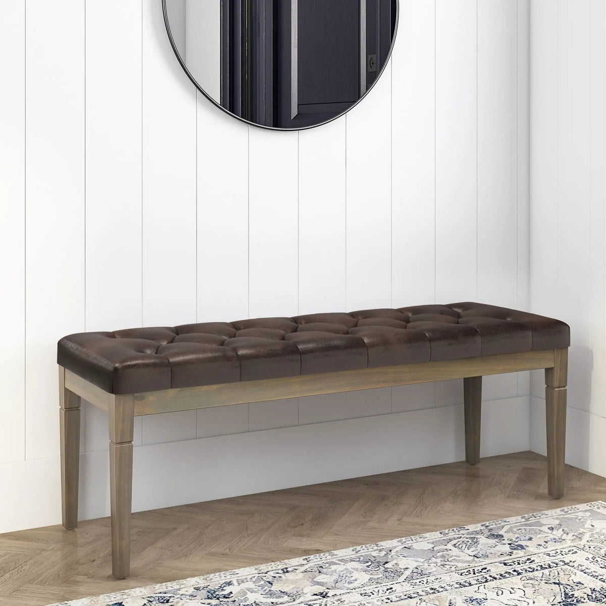 Waverly Upholstered Ottoman Bench | Tufting Detail | Carved Legs | Solid Wood Frame