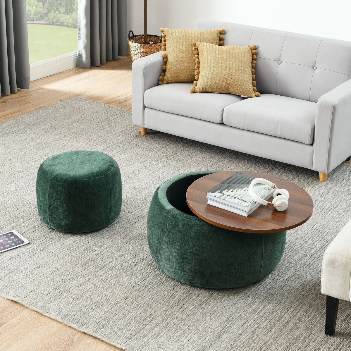 Round Storage Ottoman | Pleated Fabric | Removable Lid