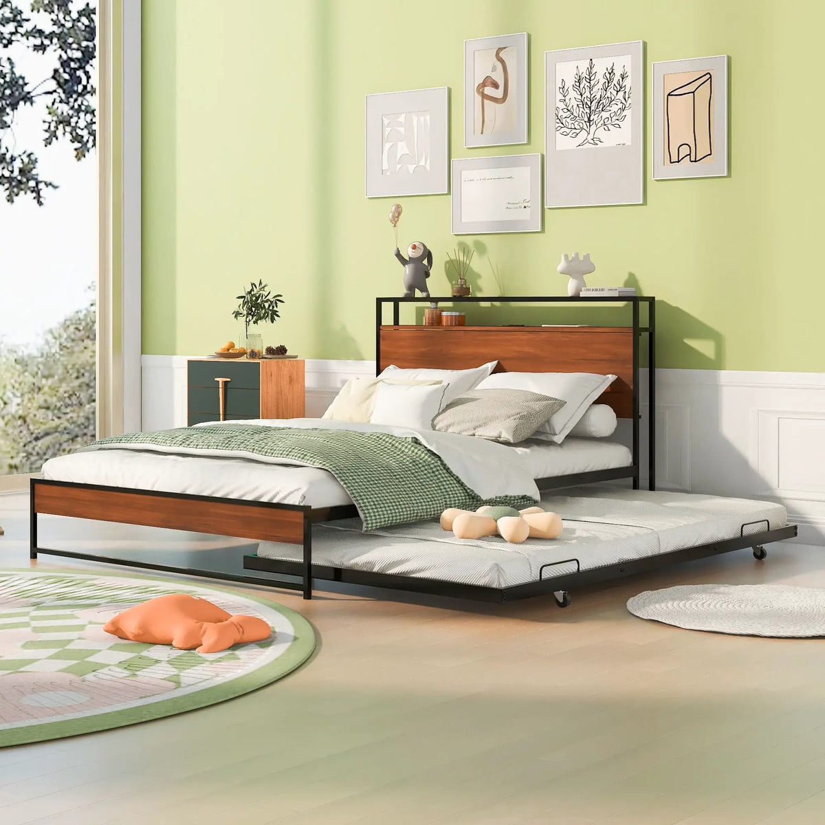 Platform Bed Frame With Trundle | USB Ports | Slat Support | Metal And Wood Build
