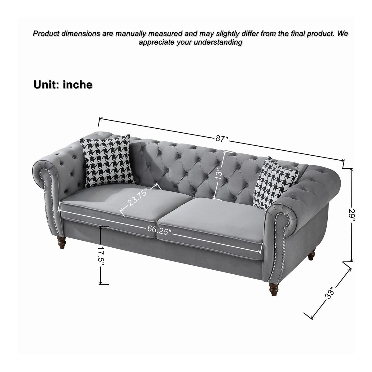 Chesterfield Fabric Sofa | Rolling Arms | Nailhead Trim | 3 Seater