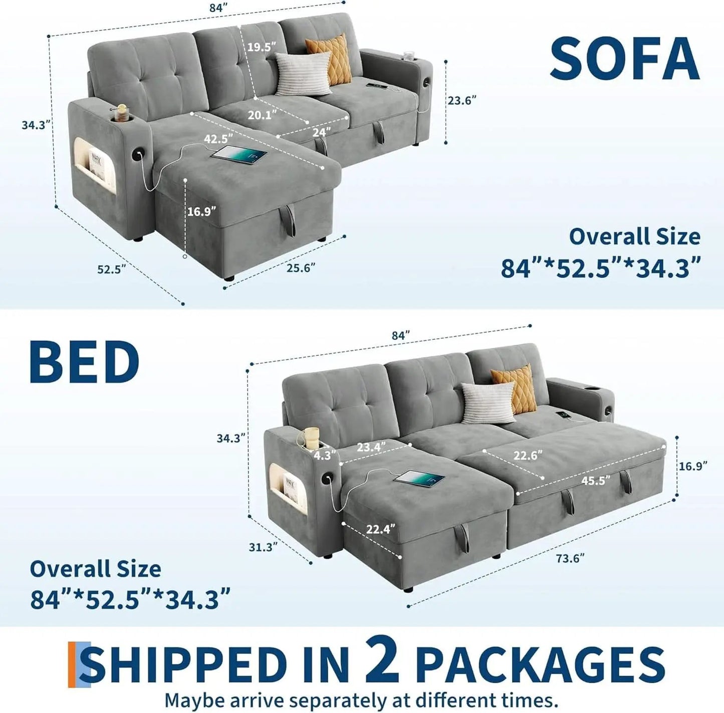 84Inch LShaped Sleeper Sofa Integrated Storage System from PriceLows™