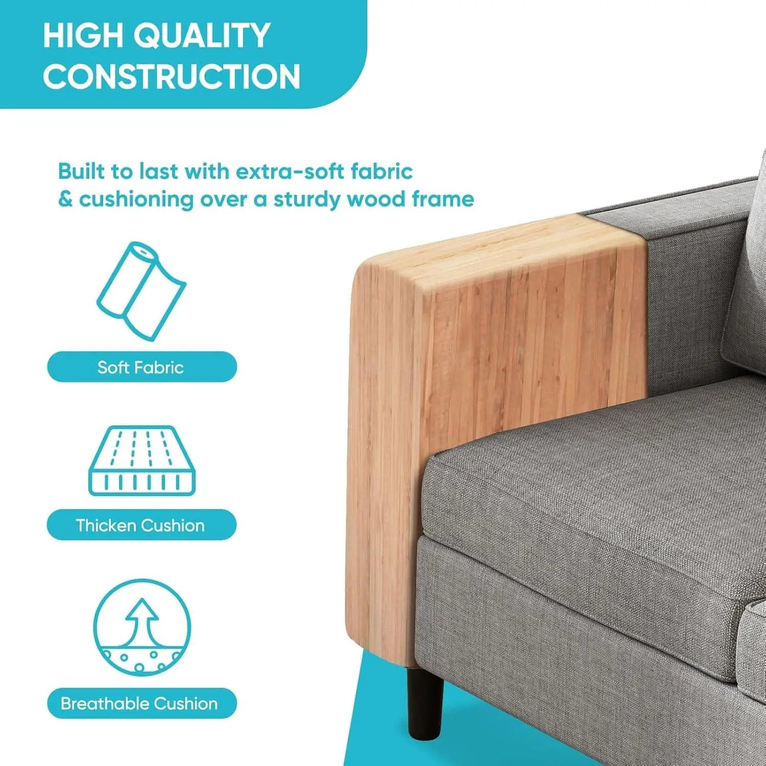 6 Seater Linen Fabric Sectional Sofa With Movable Storage Ottoman Light Grey from PriceLows™