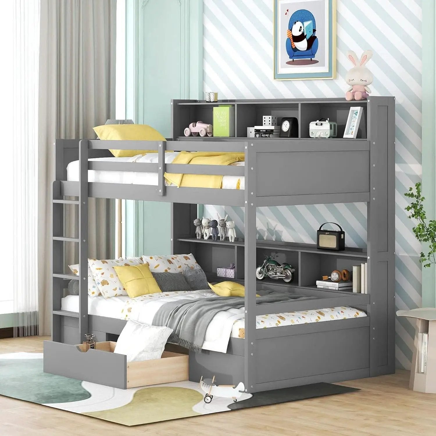 Grey Wood Twin Over Twin Bunk Bed With Storage Shelves And Drawer from PriceLows™