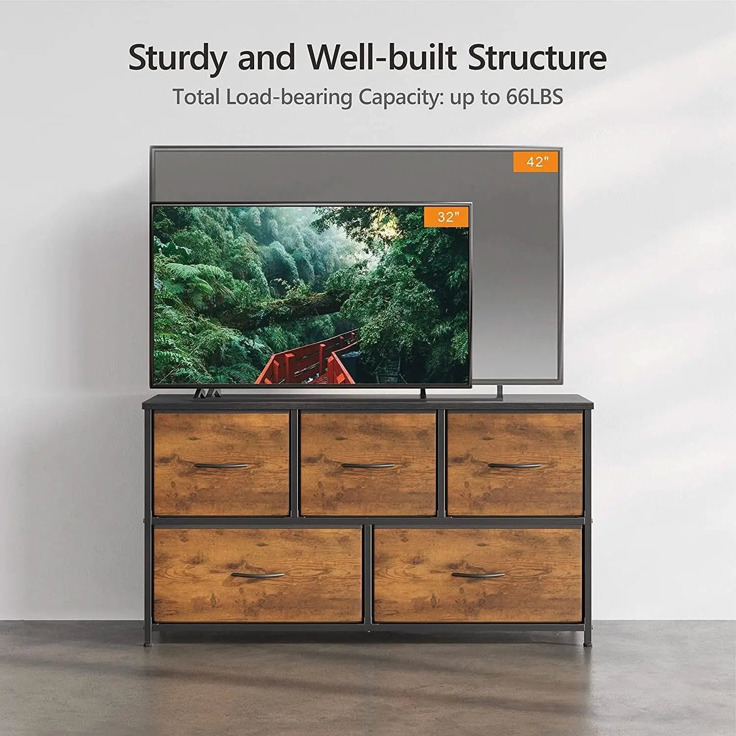 Rustic Wood 5 Drawer Dresser For Bedroom Storage Cabinet from PriceLows™
