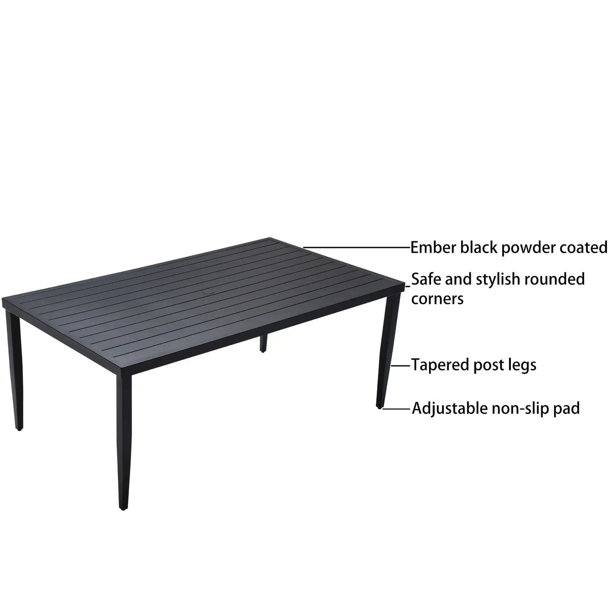 Outdoor Dining Table | Aluminum Frame | Tapered Legs | Umbrella Hole