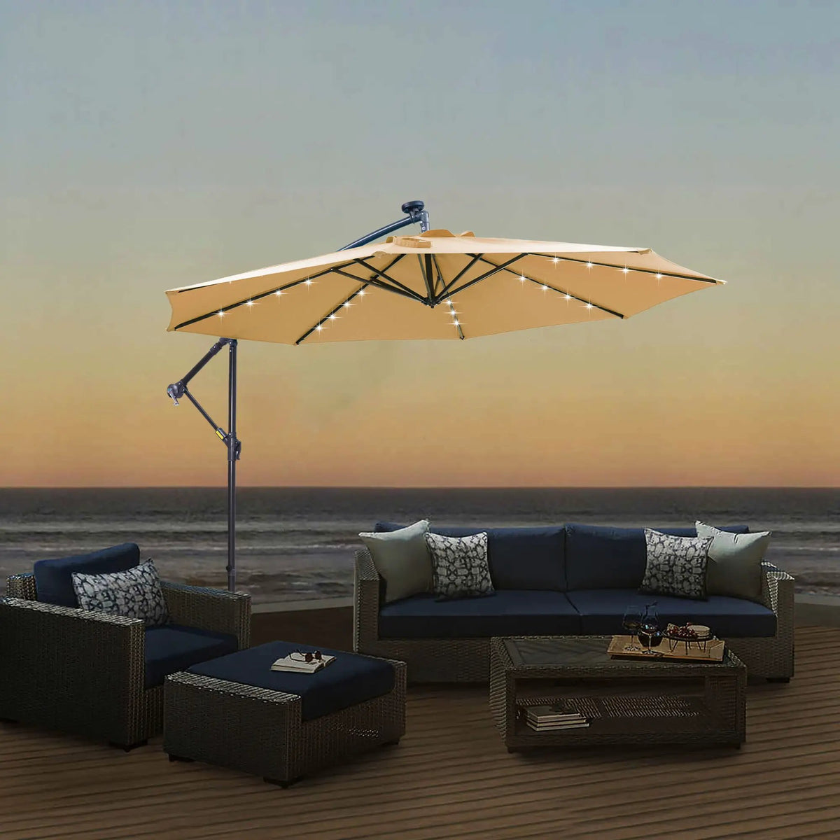 Outdoor Cantilever Patio Umbrella | 10 Ft | 32 Solar Led Lights | Taupe