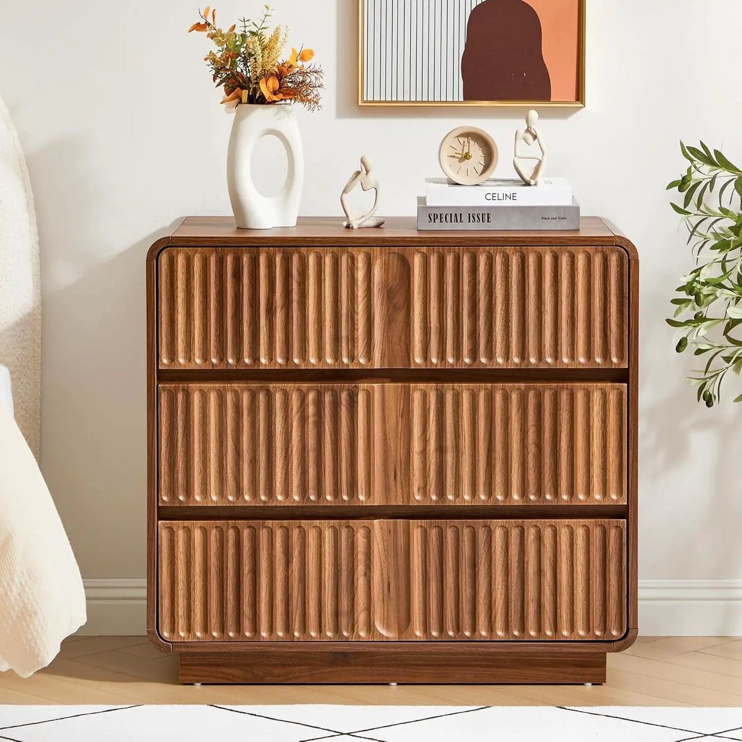 Walnut Fluted Three Drawer Dresser 31 Inch Wide Storage from PriceLows™