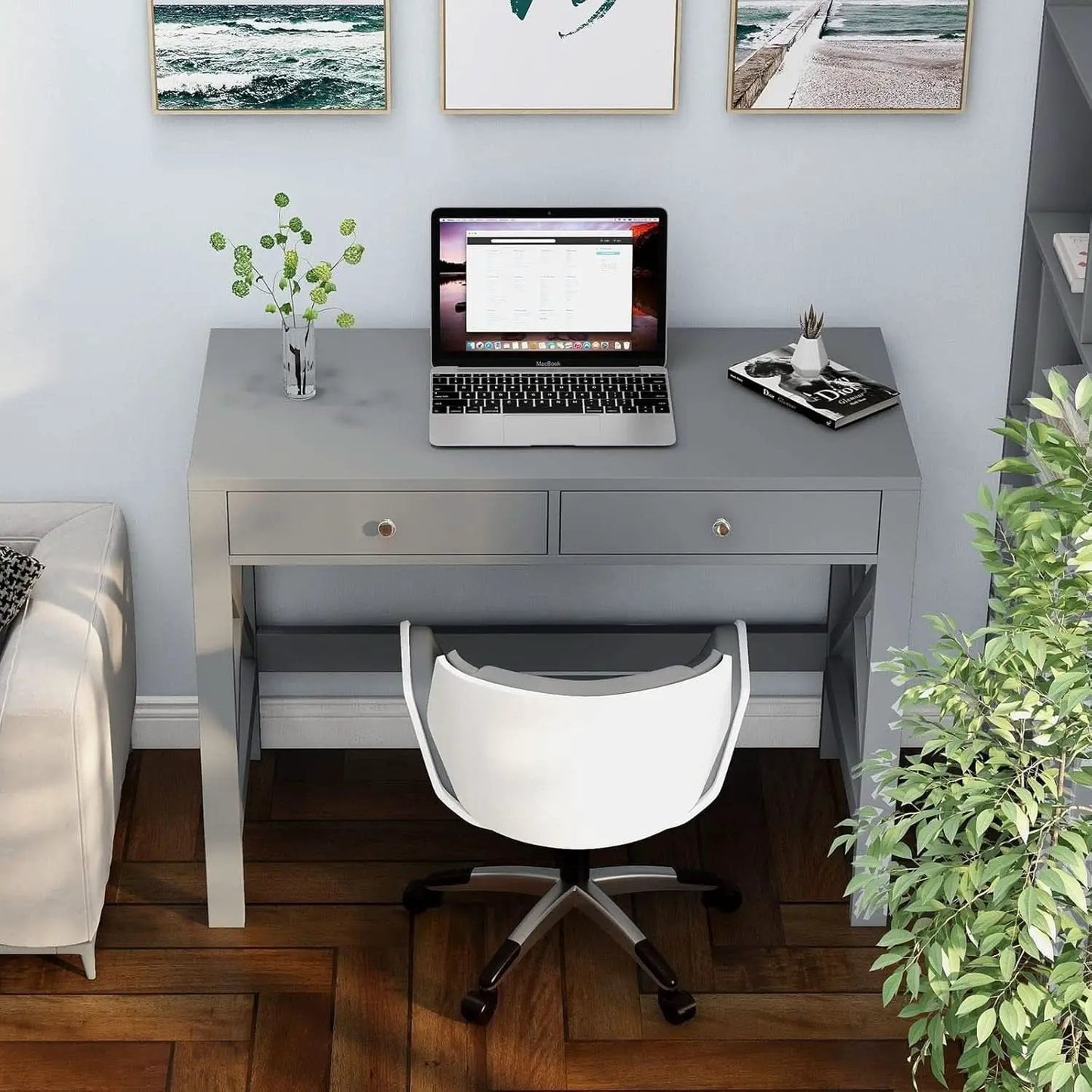 Home Office Desk Grey With Two Drawers Computer Table from PriceLows™