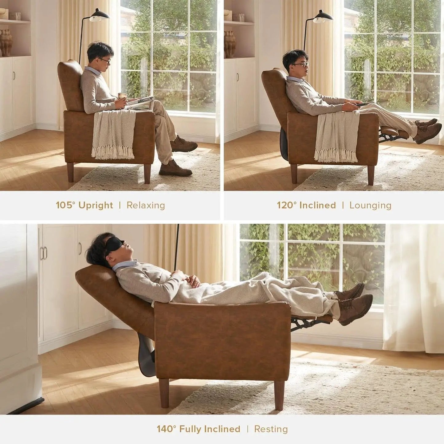 Arthur Mid Century Recliner Chair With 3 Positions Taupe Stripe Jacquard from PriceLows™