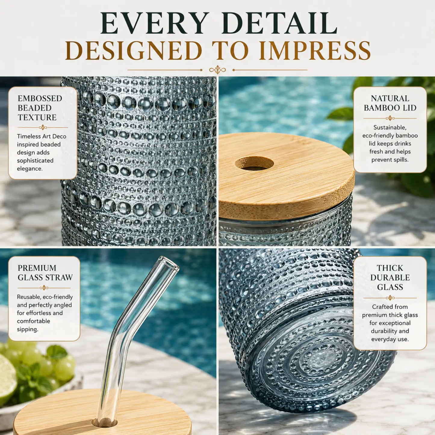 Tonal Hobnail Highball Glassware, With 6X Lids & Glass Straws, Set of 6