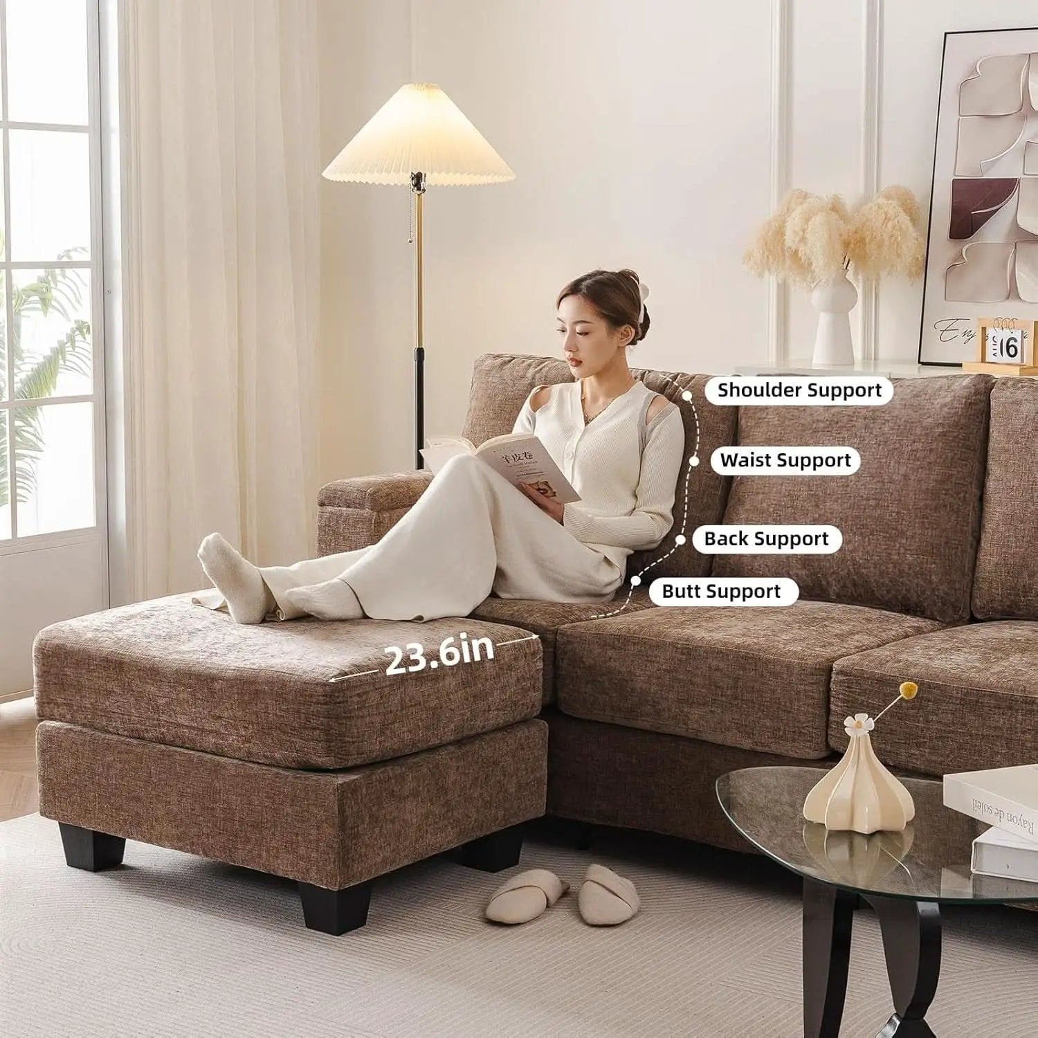 85 Inch L Shaped Couch Armrest Organizer Movable Ottoman from PriceLows™