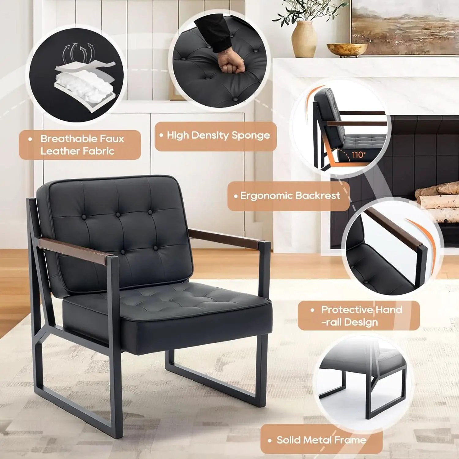 Mid Century Classic Black Leather Upholstered Accent Chair from PriceLows™