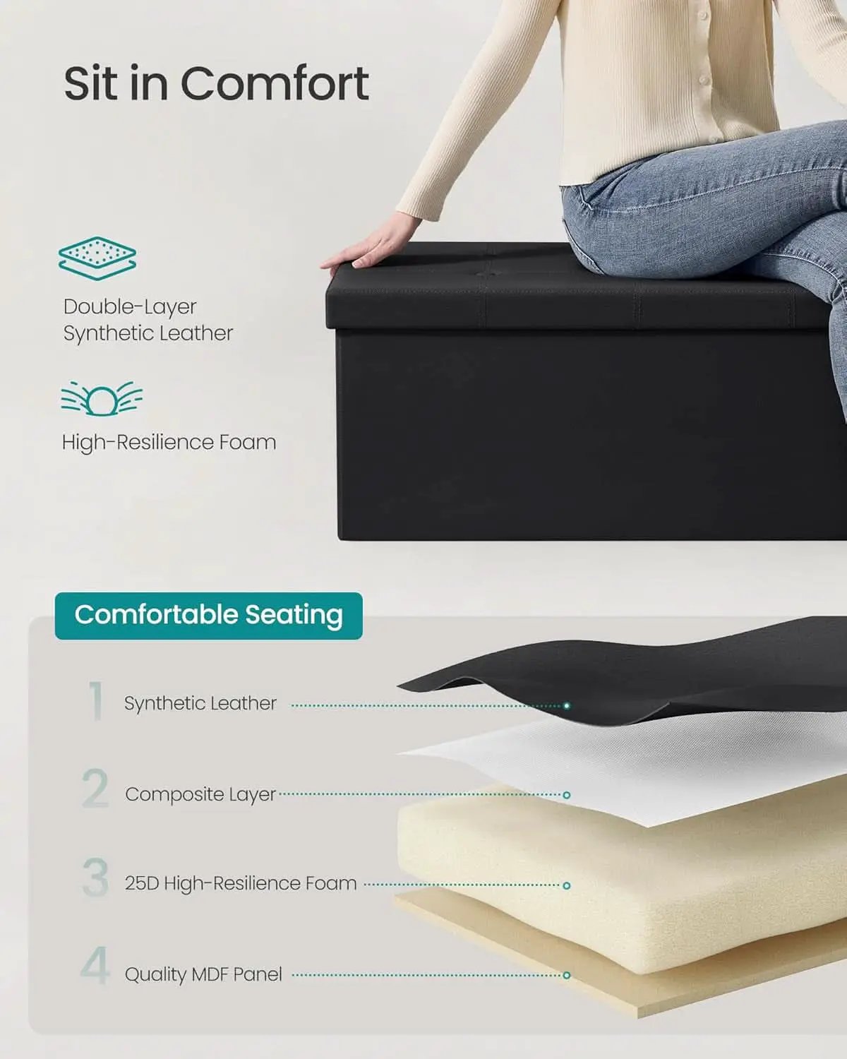 43 Inch Folding Storage Ottoman Black Synthetic Leather from PriceLows™