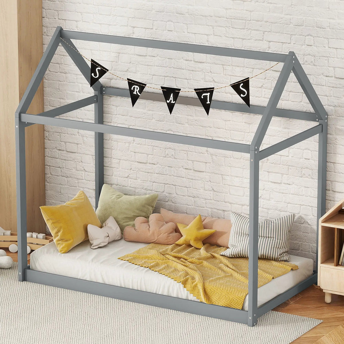 Wooden House Shaped Bed | Roof-Like Structure | Low Profile Design | 78.3 Inch Length
