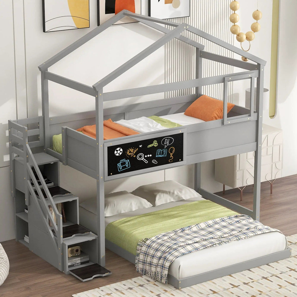 House Style Bunk Bed With Storage Staircase And board | 2 Pieces | Pine Wood | Bedroom