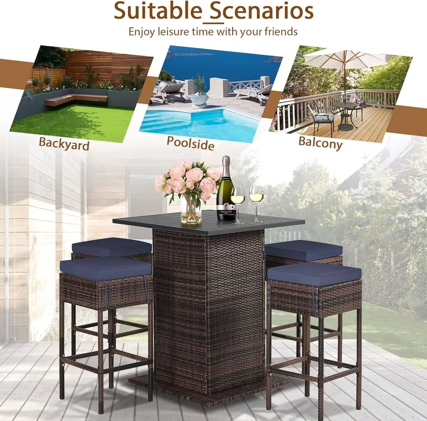 5 Piece Outdoor Bar Set Navy Blue Bar Height Table Storage from PriceLows™