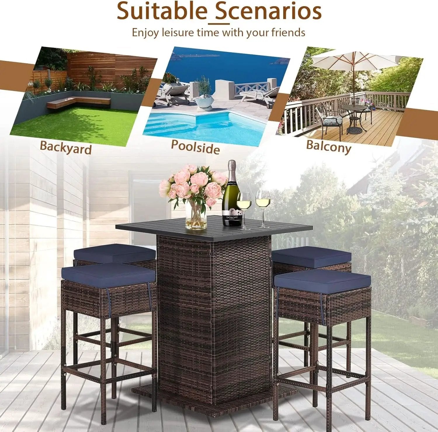 5 Piece Outdoor Bar Set Navy Blue Bar Height Table Storage from PriceLows™