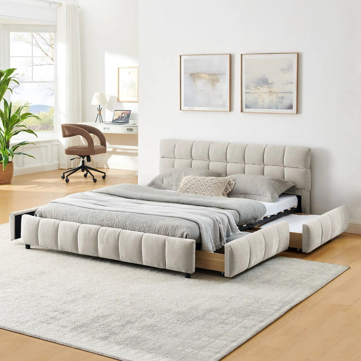 Modern Platform Storage Bed Frame | Thick Fabric Upholstery | Soft Headboard | Solid Construction