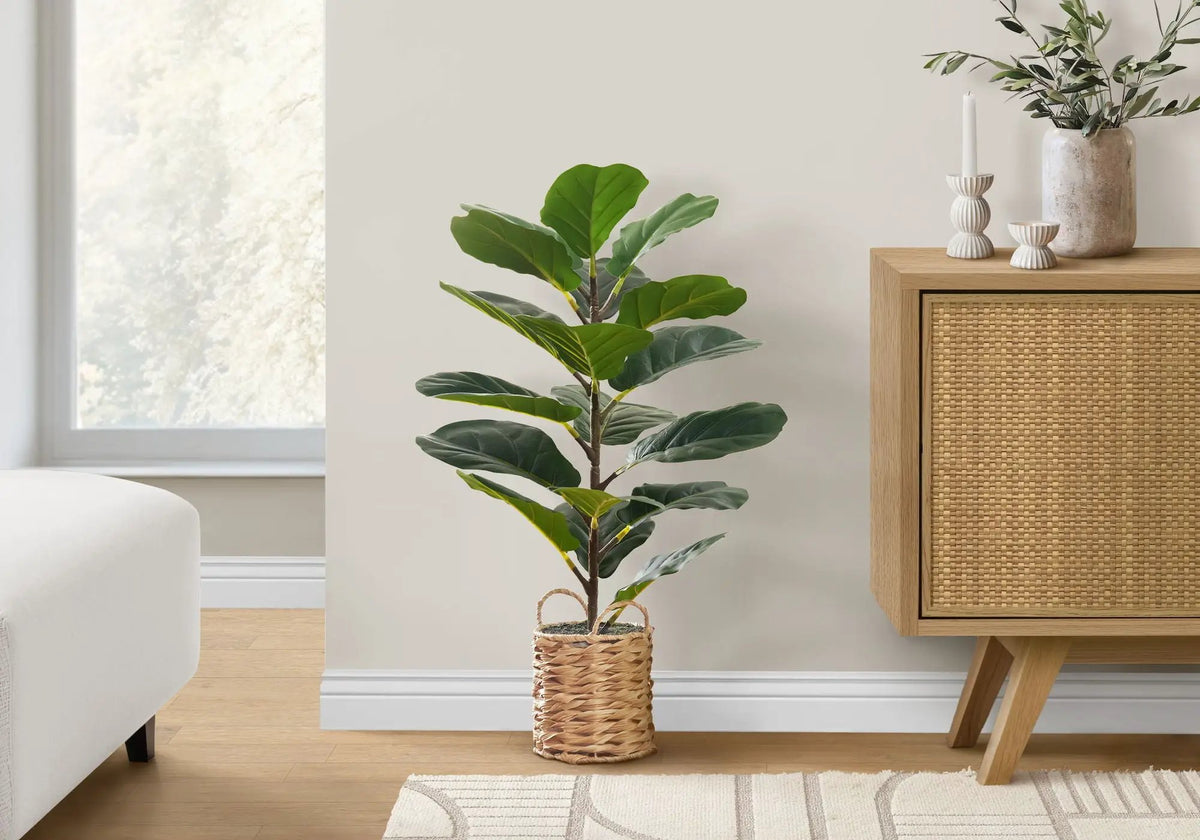 28 Inch Artificial Fiddle Tree | 18 Real Touch Leaves | 8 Inch Beige Pot | Indoor Faux Floor Plant
