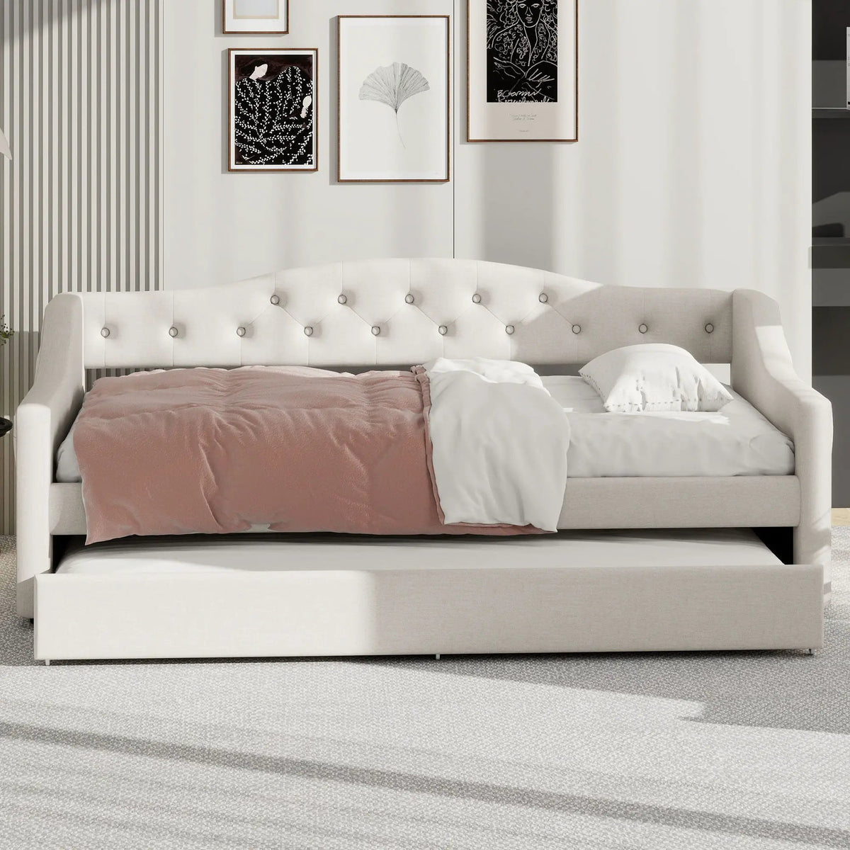 Daybed With LED Lights | Upholstered Trundle Daybed | Thickly Padded Sponge | 84 Inch Length