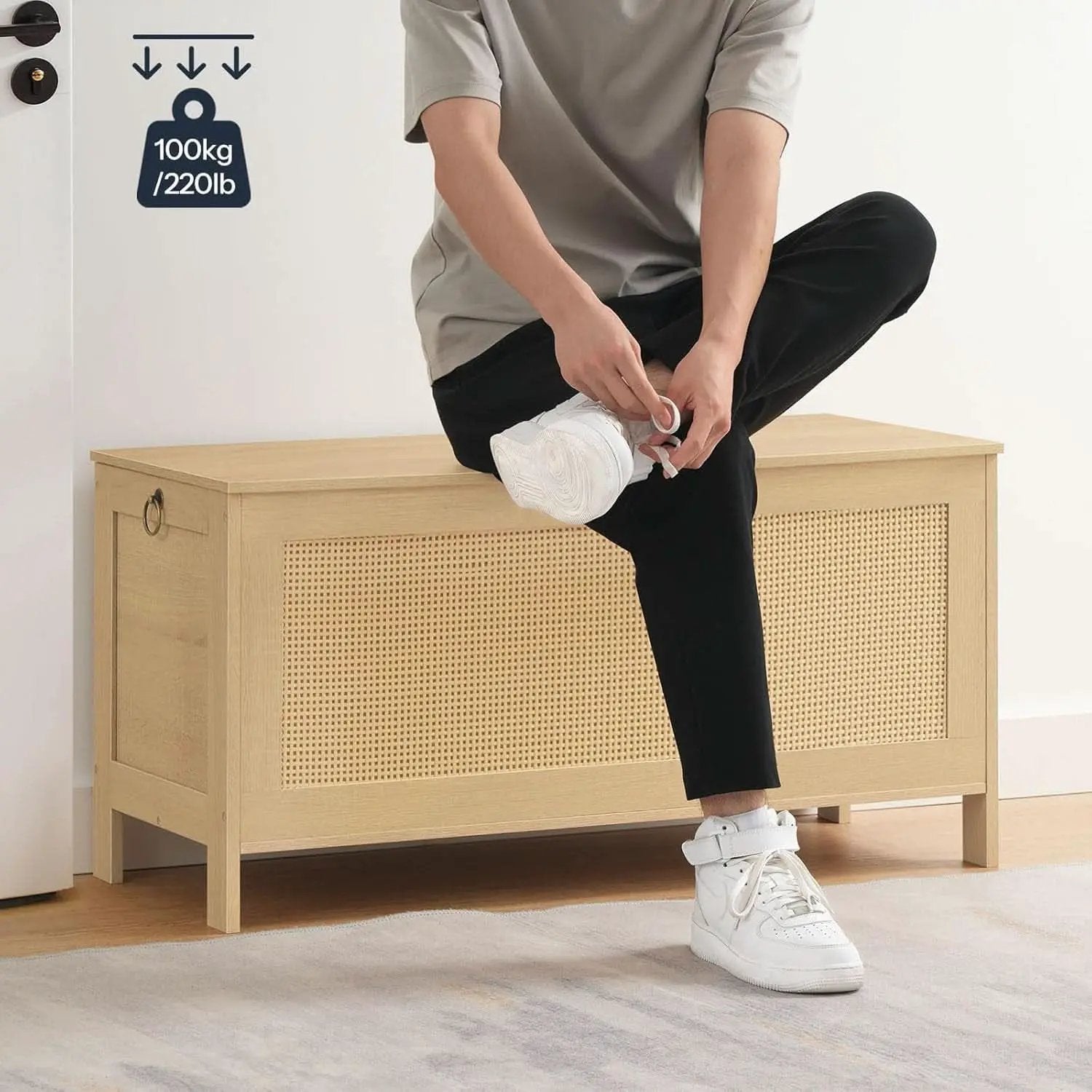 Large Natural Storage Bench with Safety Hinge, 39.4 Inches from PriceLows™