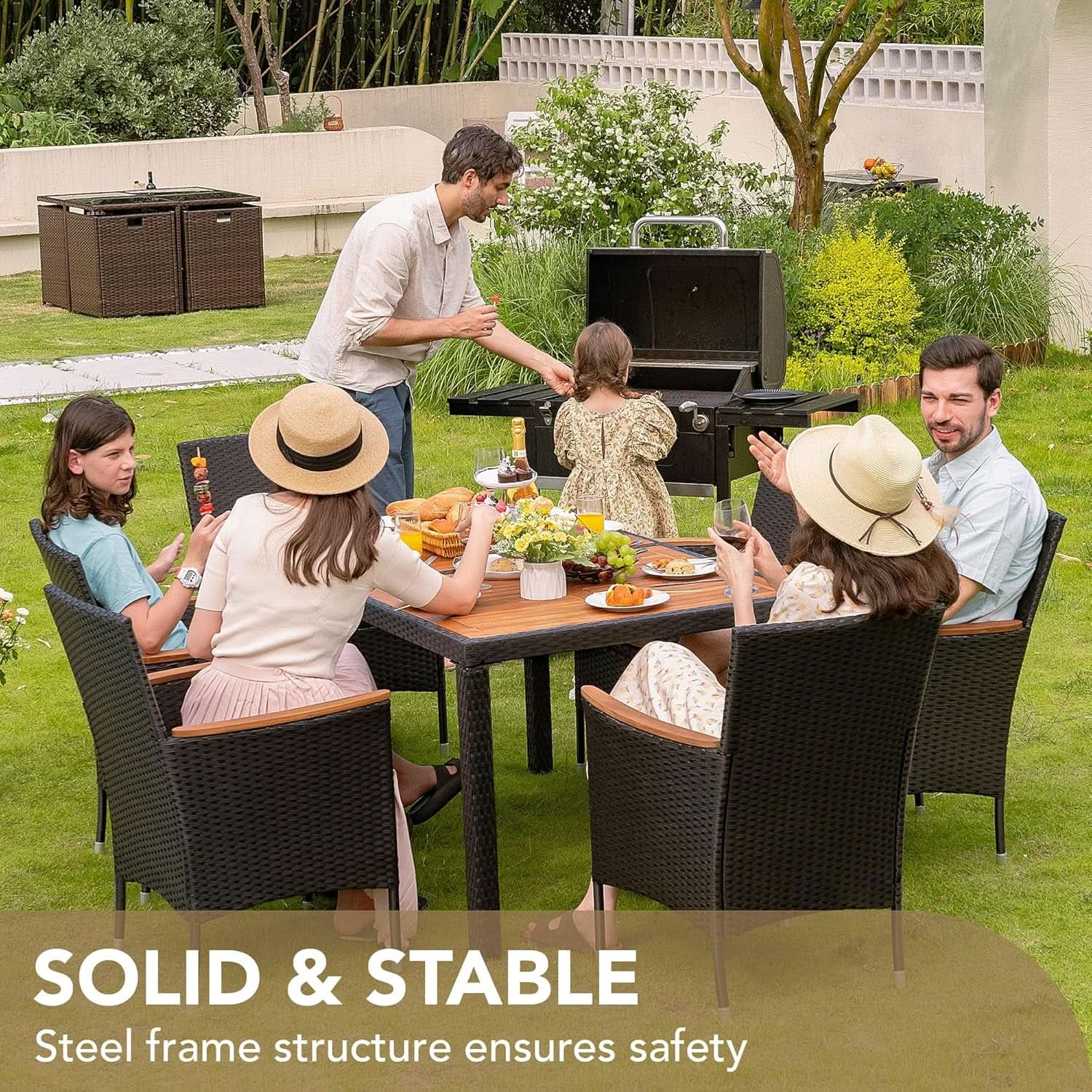 7 Piece Patio Dining Set Acacia Wood Table Black Rattan from PriceLows™