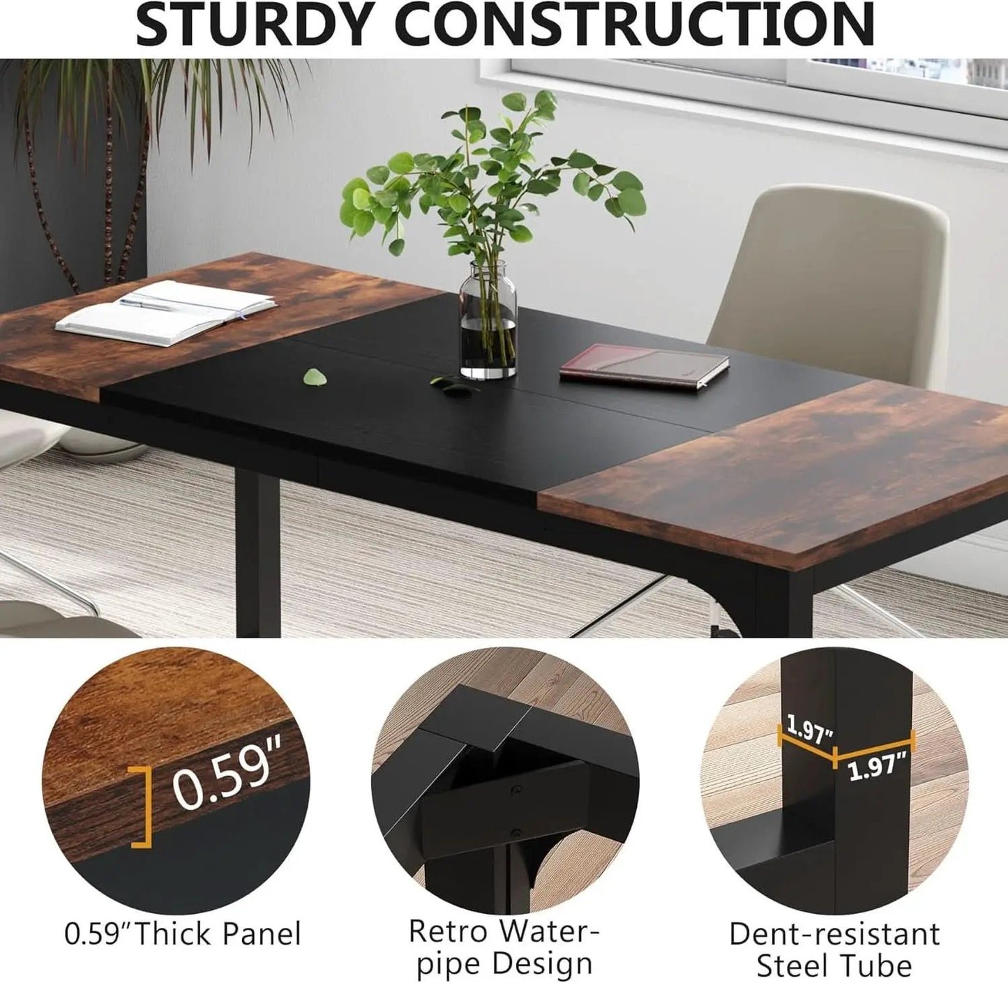 63 Inch Executive Desk Two Tone Brown Black Heavy Duty Frame from PriceLows™