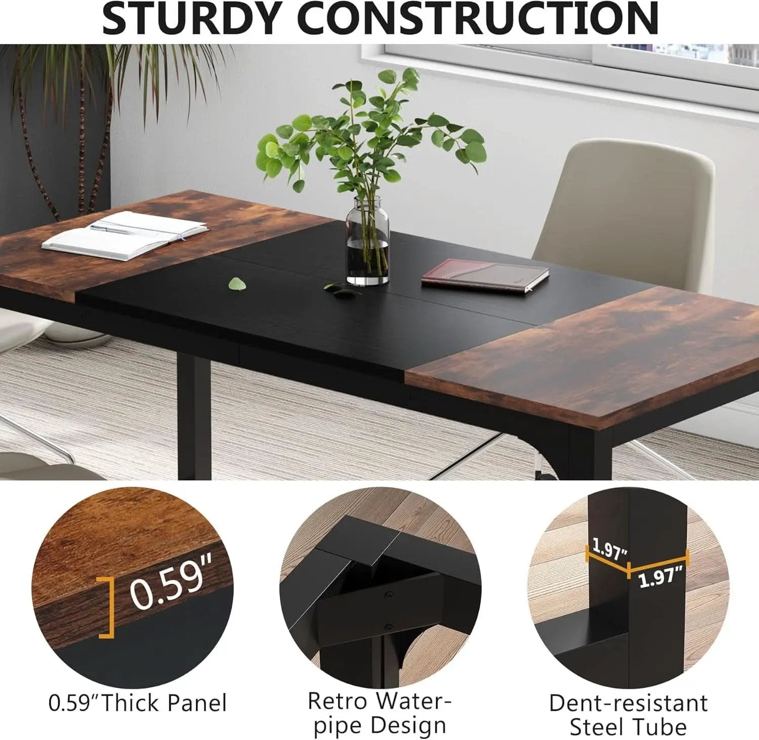 63 Inch Executive Desk Two Tone Brown Black Heavy Duty Frame from PriceLows™