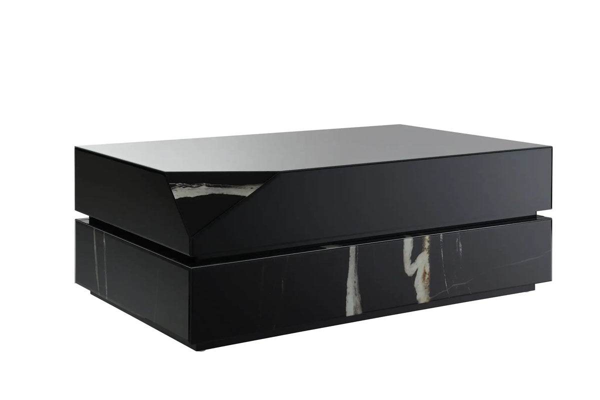 Wenona Mirrored Coffee Table | 28 x 47 x 18 in | Marble & Tempered Glass | Black