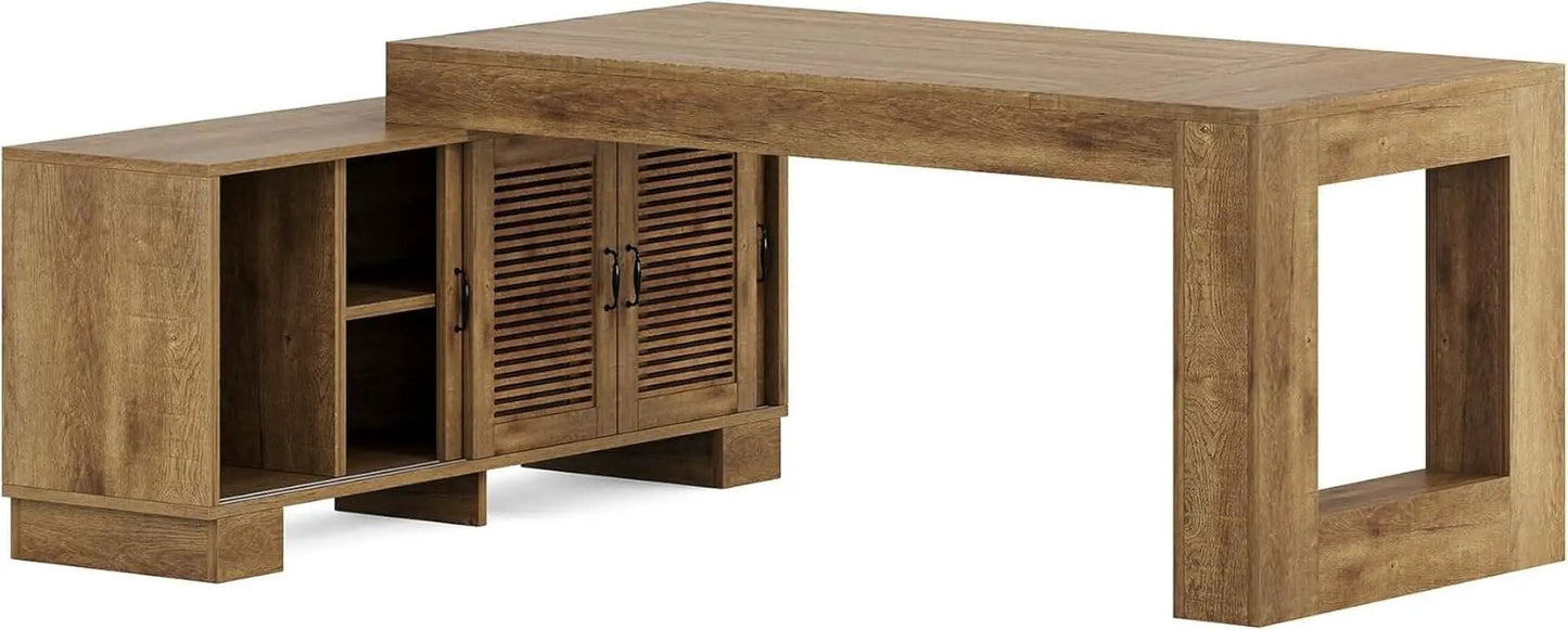 Brown 63 Inch Long L Shaped Desk With Sliding Cabinets from PriceLows™