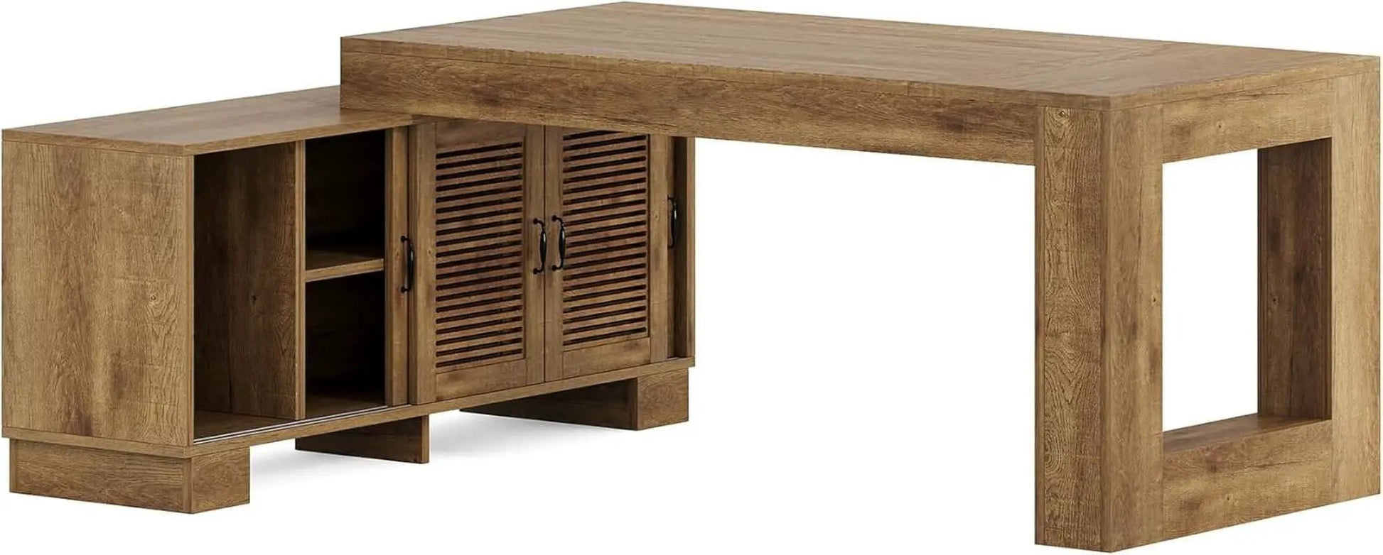 Brown 63 Inch Long L Shaped Desk With Sliding Cabinets from PriceLows™