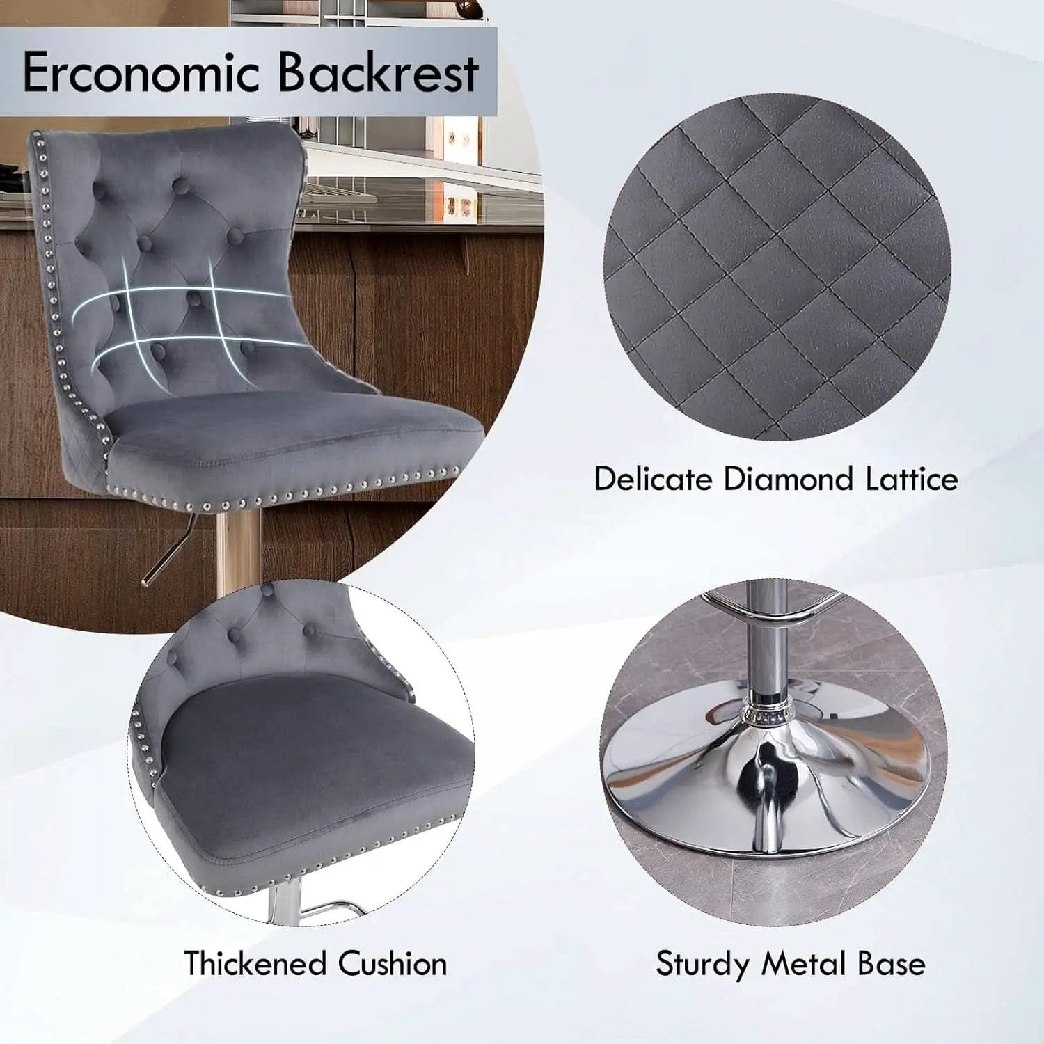 Velvet Adjustable Swivel Bar Stools Dark Grey Set Of 4 from PriceLows™