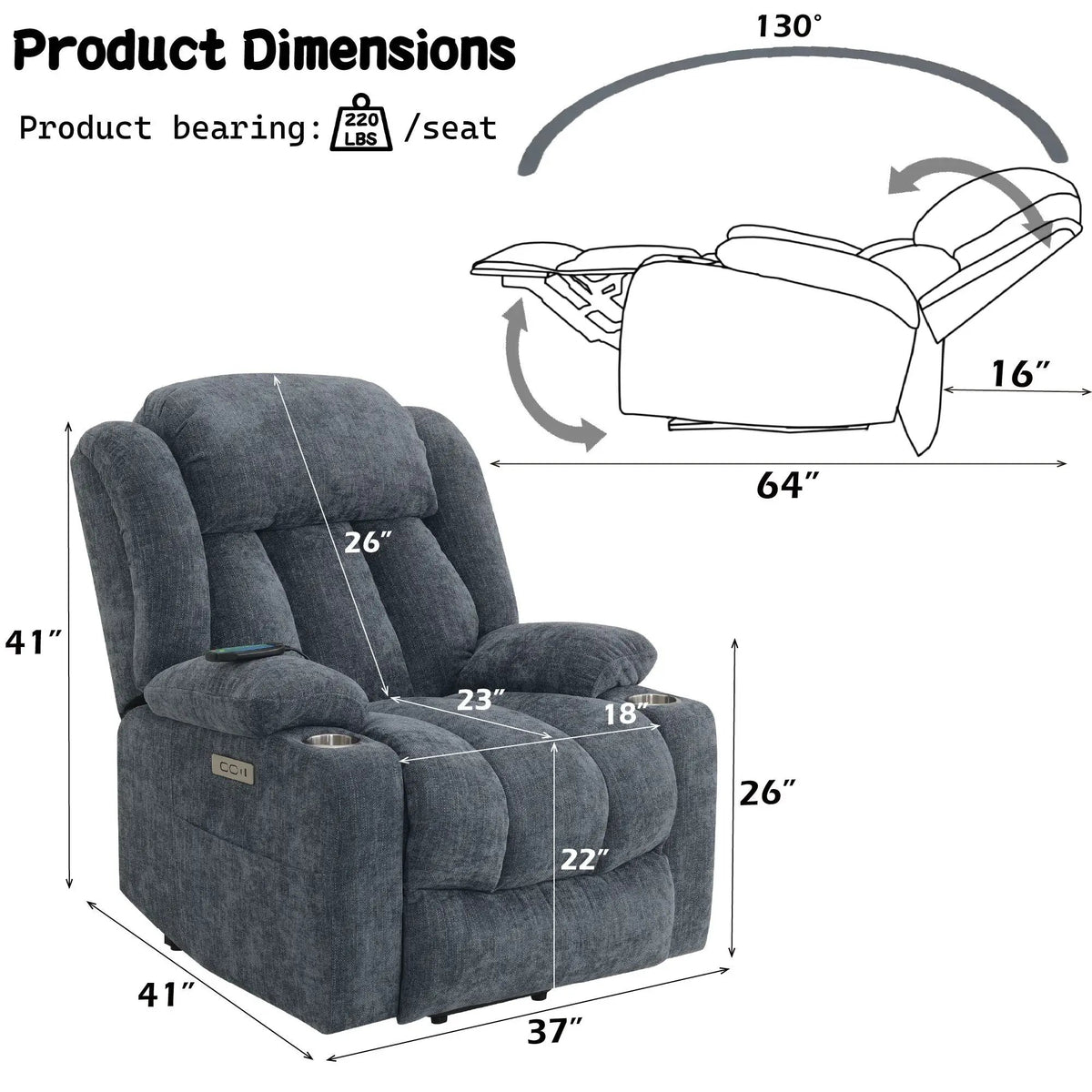 Power Motion Recliner | Power Lift | Heat And Massage | Blue Chenille
