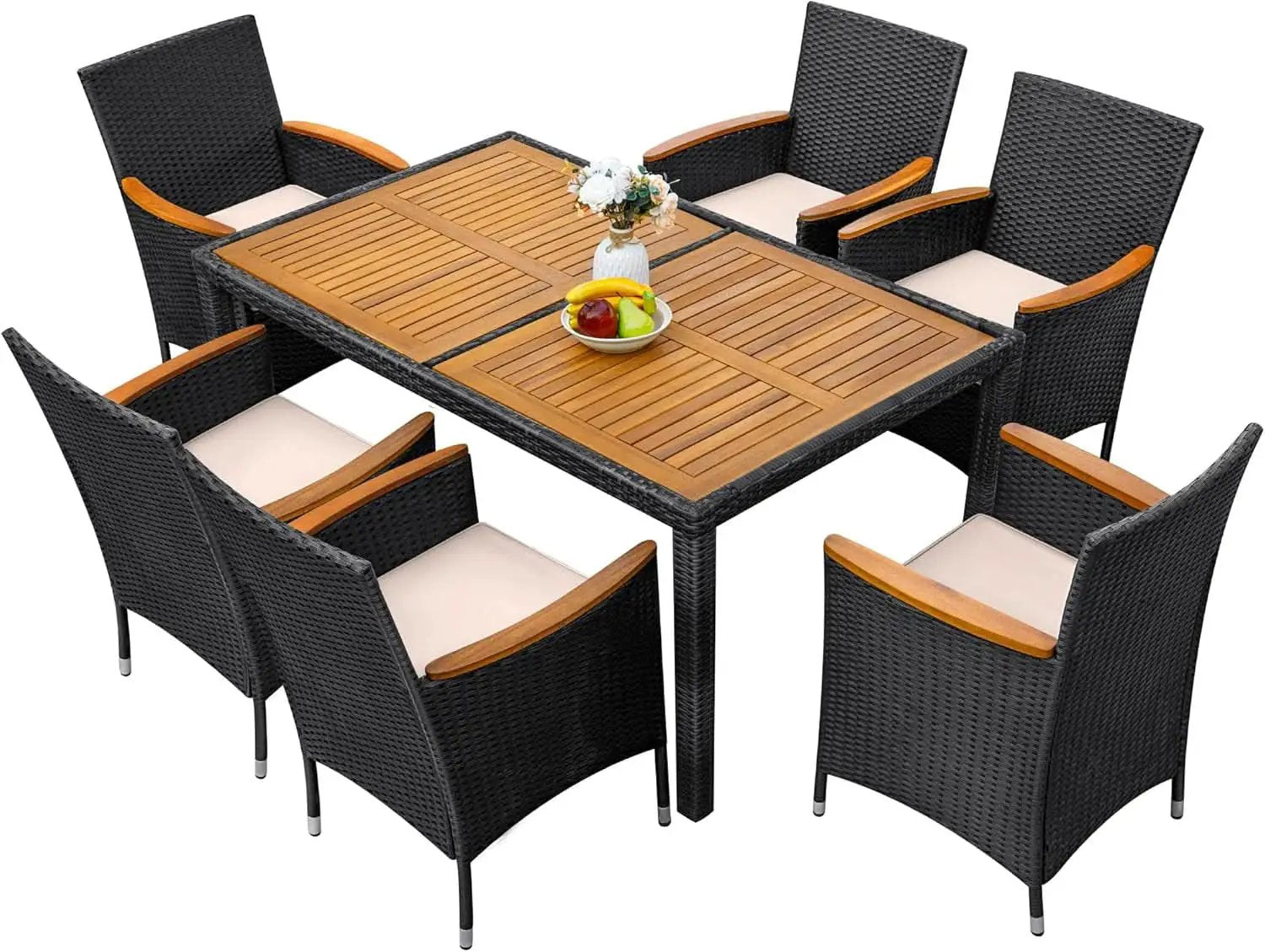 7 Piece Outdoor Patio Dining Set Black Rattan Chairs from PriceLows™