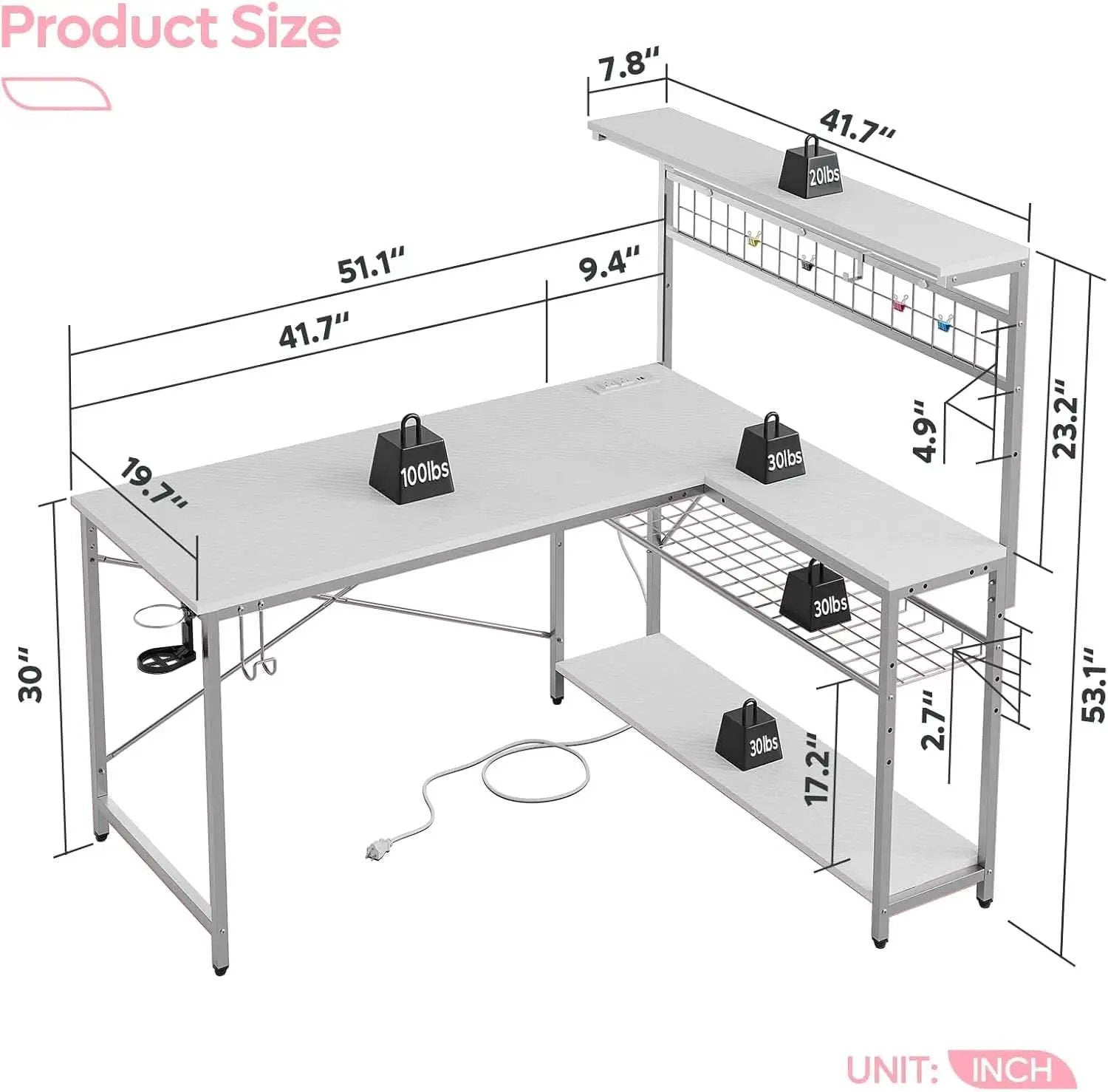 51 Inch L Shaped Gaming Desk With LED Lights And Outlets from PriceLows™
